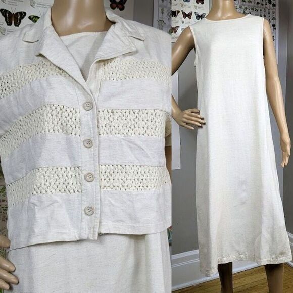 Vintage 90s Katlyn O'Farrel Dress Jacket Set Crochet Linen Cream Size Petite 12 - Picture 1 of 14